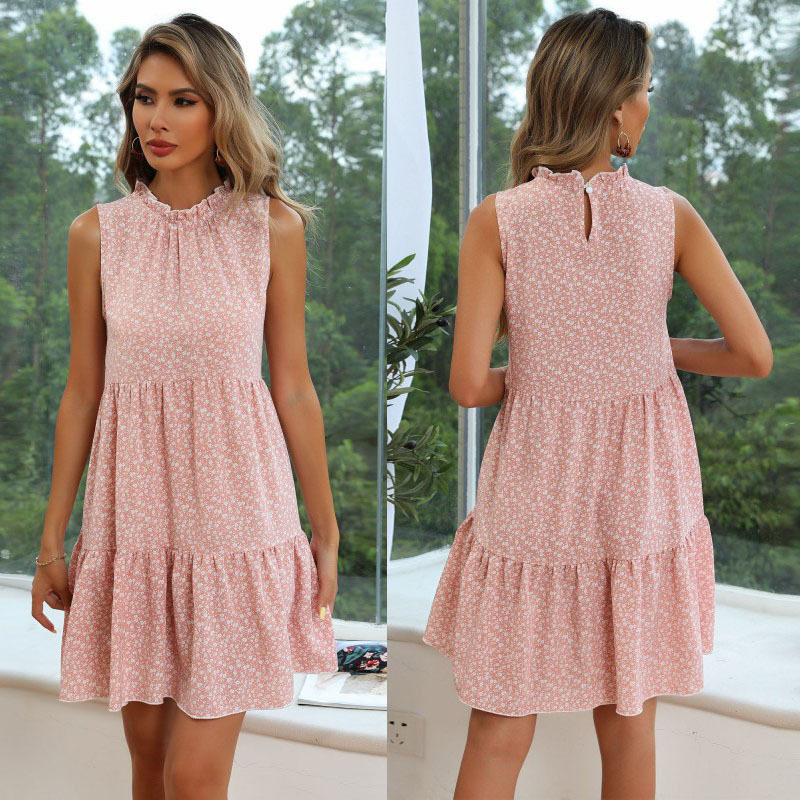 Floral Summer Dress Sleeveless Round Neck Pleated Design Casual Wear for Women Wholesale Available
