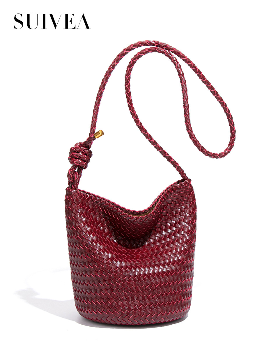 Túi bucket nữ dáng xô đan họa tiết chữ V, túi đeo vai và xách tay thời trang — B2505 # Đỏ hoa anh túc, B2505 # Hồng phấn, B2505 # Maltose, B2505 # Màu cát sẫm