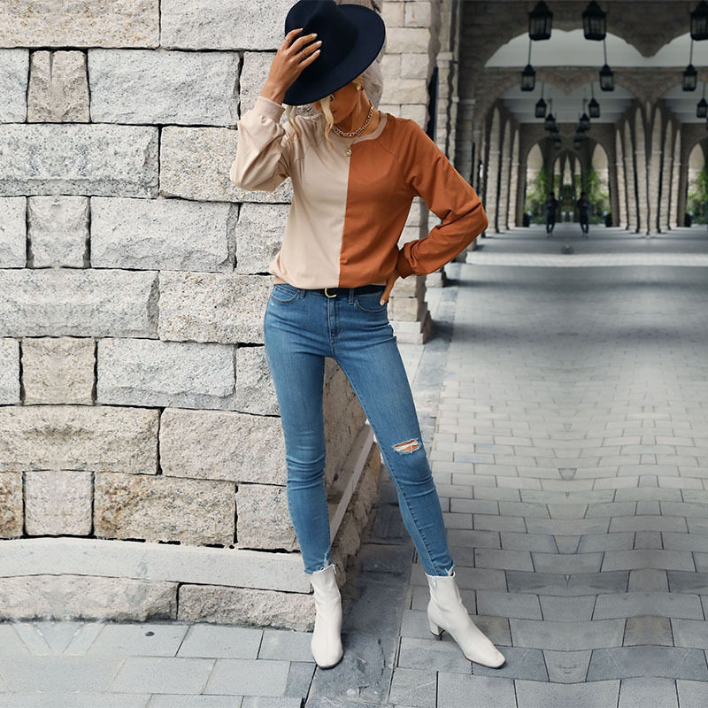 Womens Long Sleeve T Shirt Color Block Design Comfortable Fabric Casual Style Perfect for Autumn Wholesale
