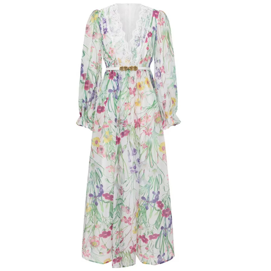 French Vacation Style Sweet Floral Patchwork Lace V Neck Dress Slim Fit Mid Length Spring Autumn Wholesale Available