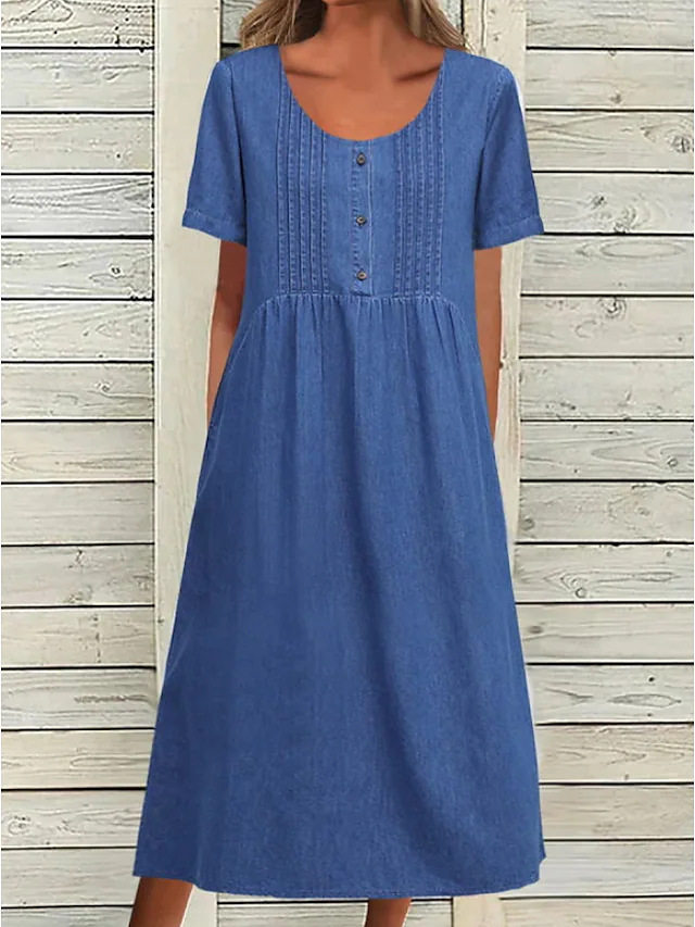 Elegant Denim Midi Dress for Women U Neck Short Sleeve Summer Style Wholesale Available ready to ship