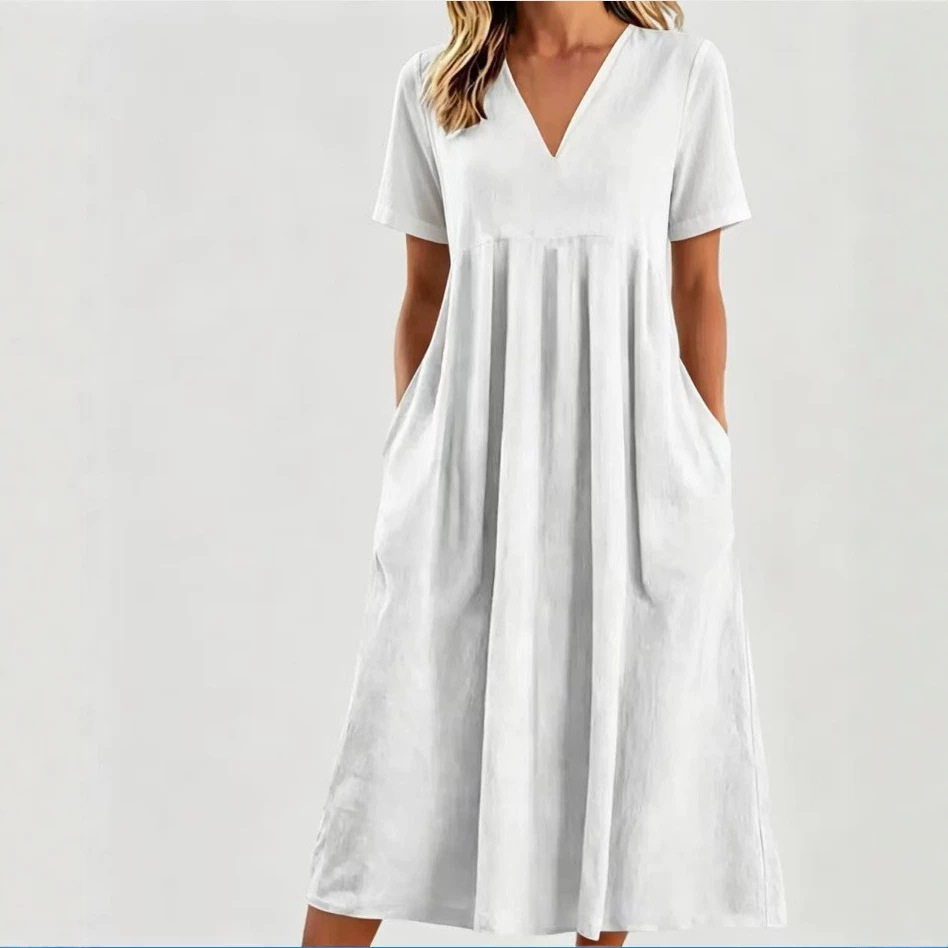 Womens Casual Loose V Neck Short Sleeve Dress Solid Color Spring Summer Style Wholesale Availability