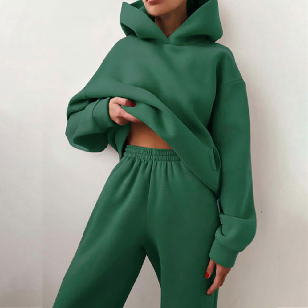 Hooded Sweatshirt and Pants Set for Women Solid Color Casual Outfit Spring Fashion