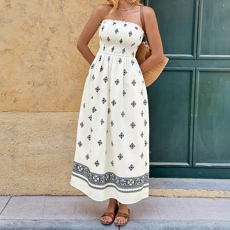 Geometric Print Strapless Dress Summer Vacation Style Vintage Ethnic Design Available for Wholesale