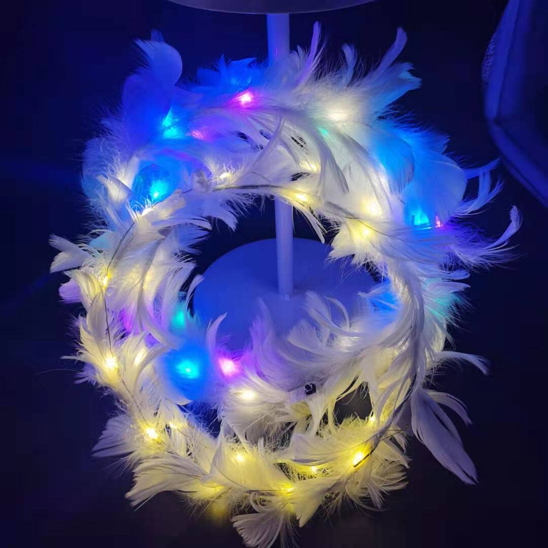 跨境热卖14灯毛毛兔耳朵发光发箍地推金丝羽毛猫耳朵发光头箍玩具