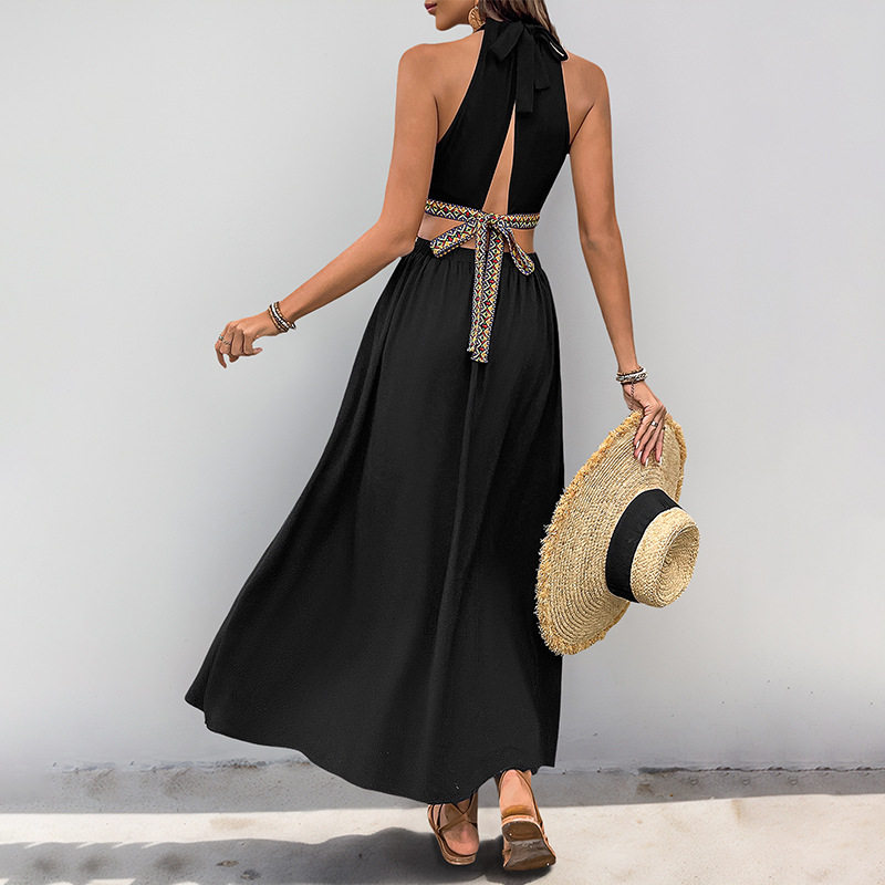 Bohemian Style Hollow Out Maxi Dress Ethnic Pattern Woven Strap Details Elegant Summer Wear Wholesale Available