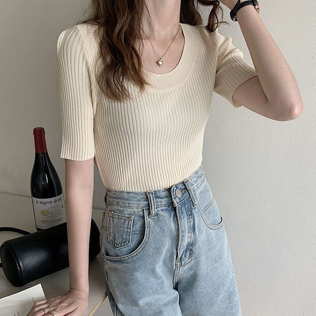Womens Soft Ice Silk Knit T Shirt Low Round Neck Slim Fit Trendy Design Summer Casual Wear OEM Available