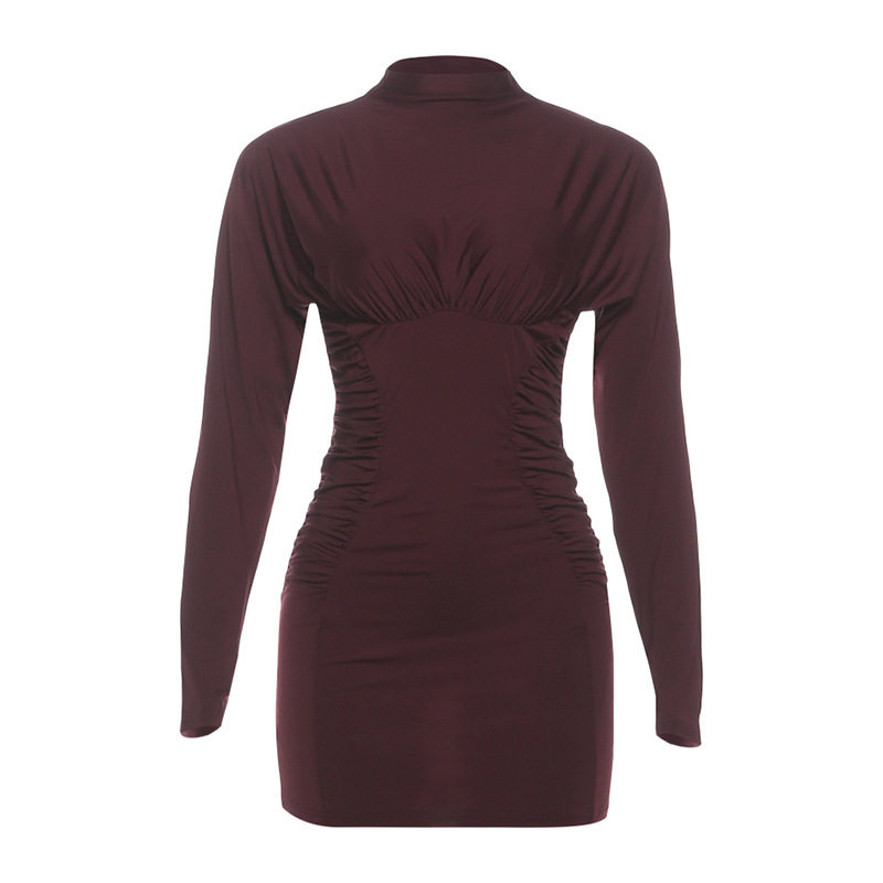 Fashionable Long Sleeve Bodycon Dress Solid Color Pleated Sexy Waist Cinching Autumn Winter Wear Wholesale