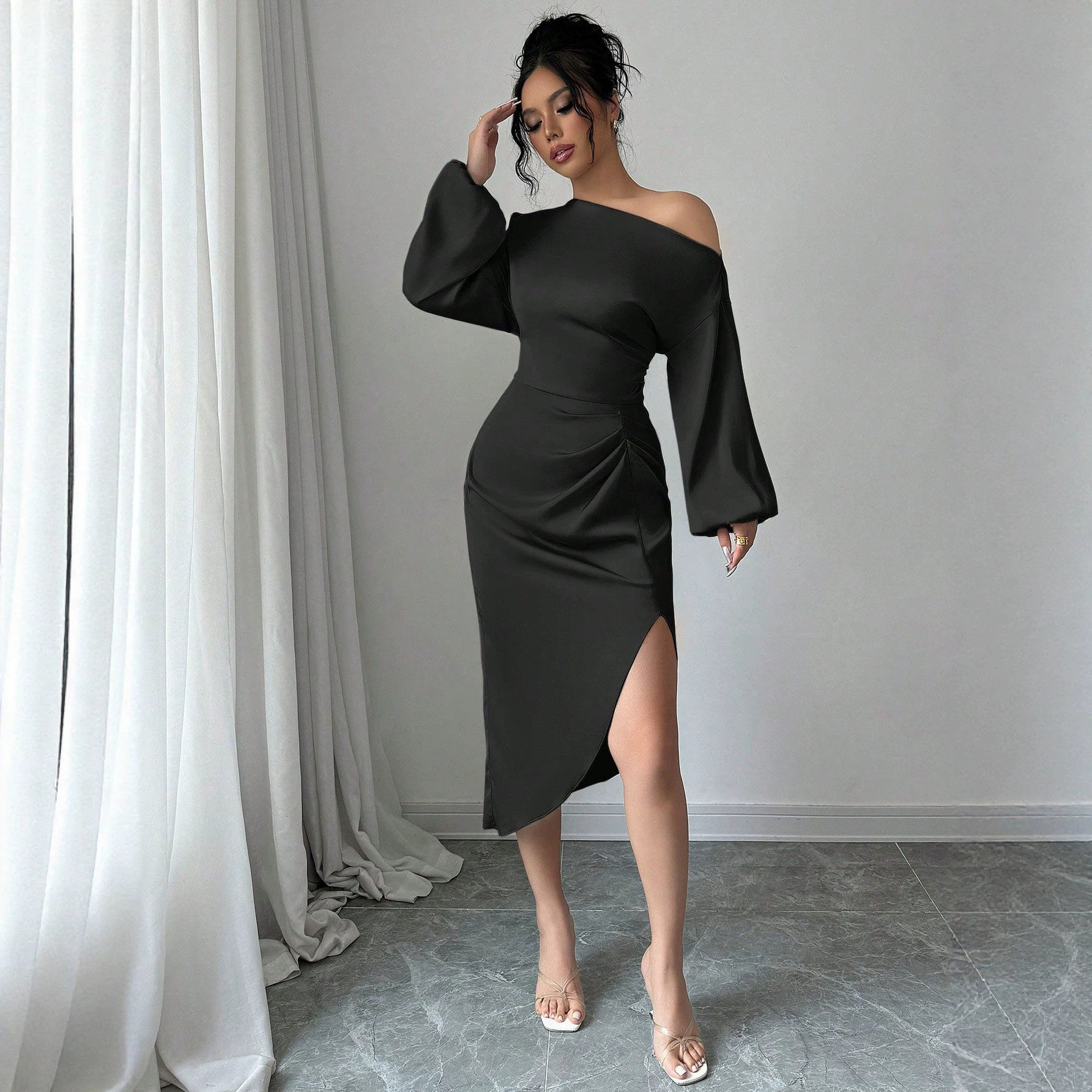 Asymmetrical Long Sleeve Dress Ruched Slit Bodycon Fit Elegant Evening Wear Wholesale Available