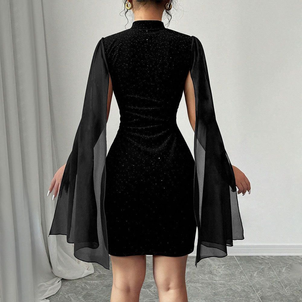High Neck Bodycon Dress Black Short Sleeve Sequin and Mesh Paneling Evening Wear or Party Dress OEM Available