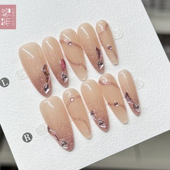 Pure Hand-Wearing Armor Elegant Long Almond Armor High-Level Simple Pink Broken Diamond Flash Nail Art White New Style