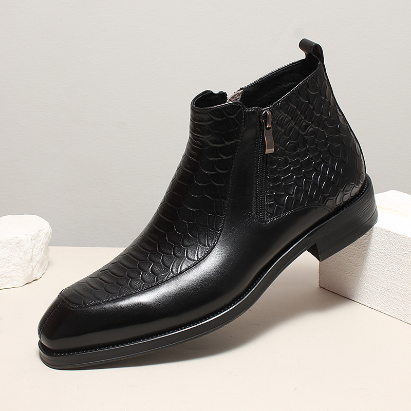 Boot cổ trung da bò dập vân cá sấu khóa kéo đôi phong cách cổ điển — Lớp lót nhung đen, Màu đen lót da, Đỏ rượu bên trong da