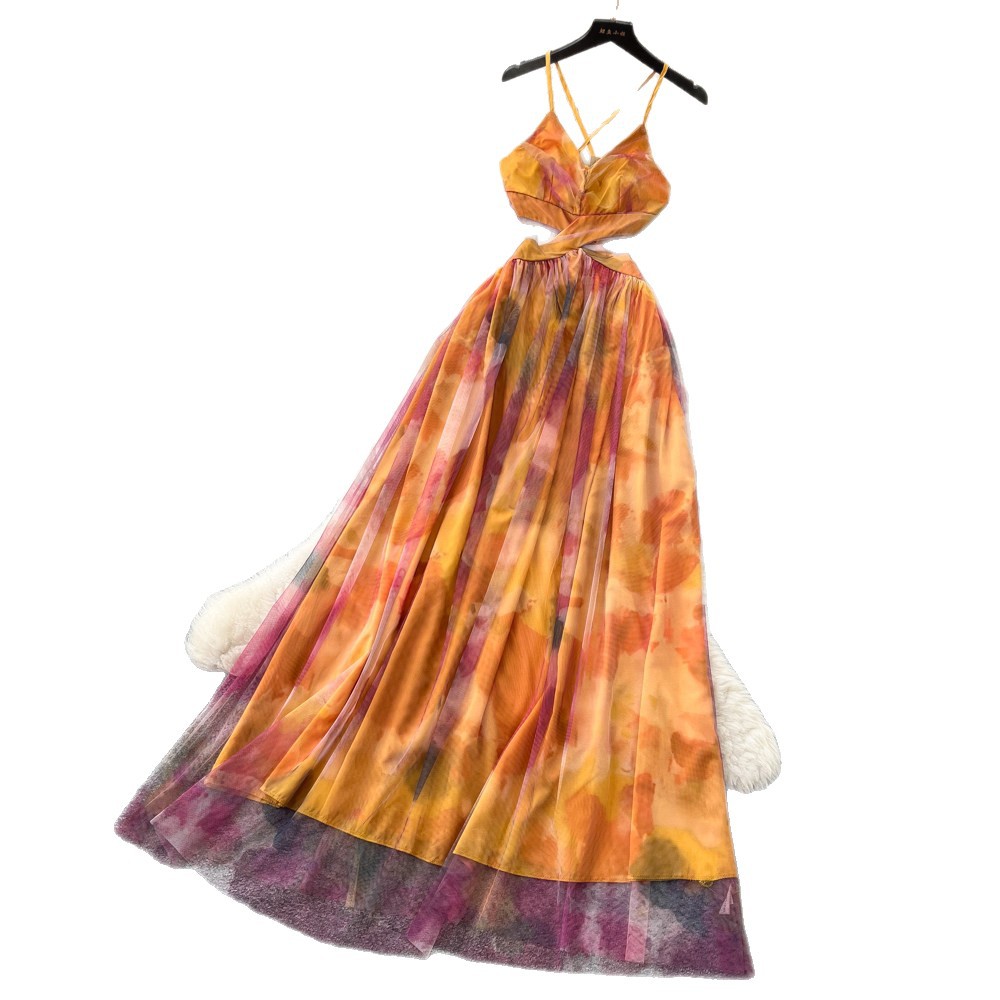 Summer Vacation Tie Dye Maxi Dress for Women V Neck Waist Cut Out Sheer Mesh Elegant Style Perfect for Beach or