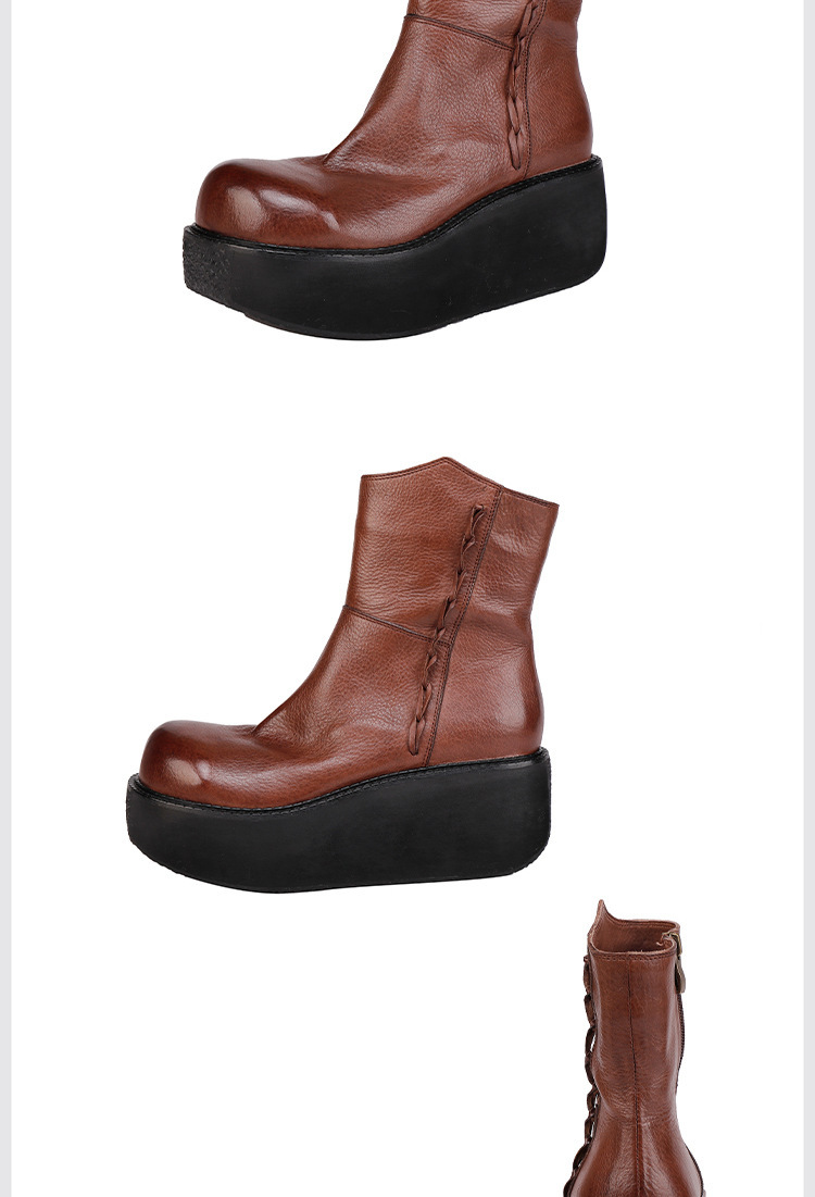 Boot nữ cổ thấp da bò thật đế dày gót nêm khóa kéo bên — màu đen, Màu nâu