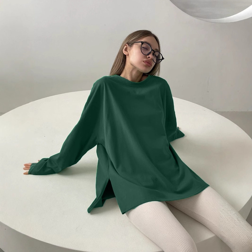 Loose Fit Long Sleeve Split T Shirt for Women 100 Cotton Solid Color Casual Style Spring Summer Collection