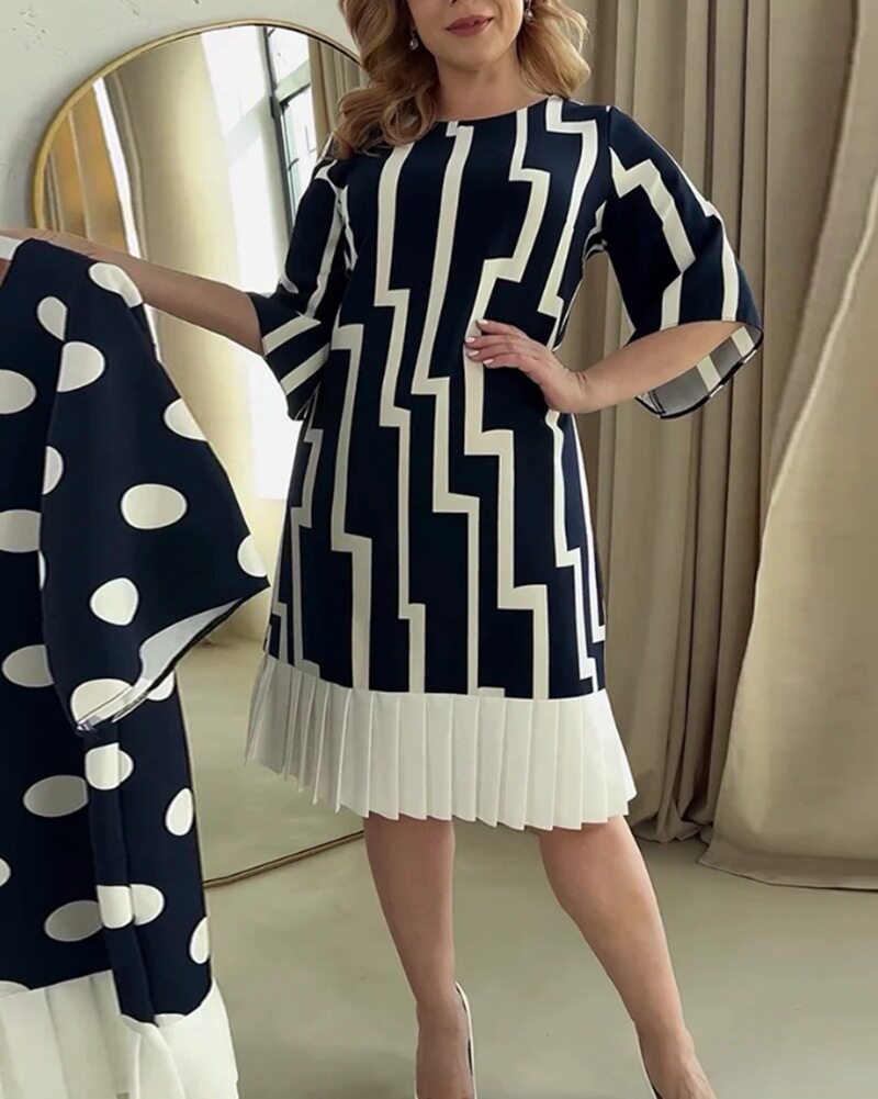 Summer Womens Pleated Dress Round Neck Striped Patchwork Elegant Style Perfect for Casual Outings Wholesale
