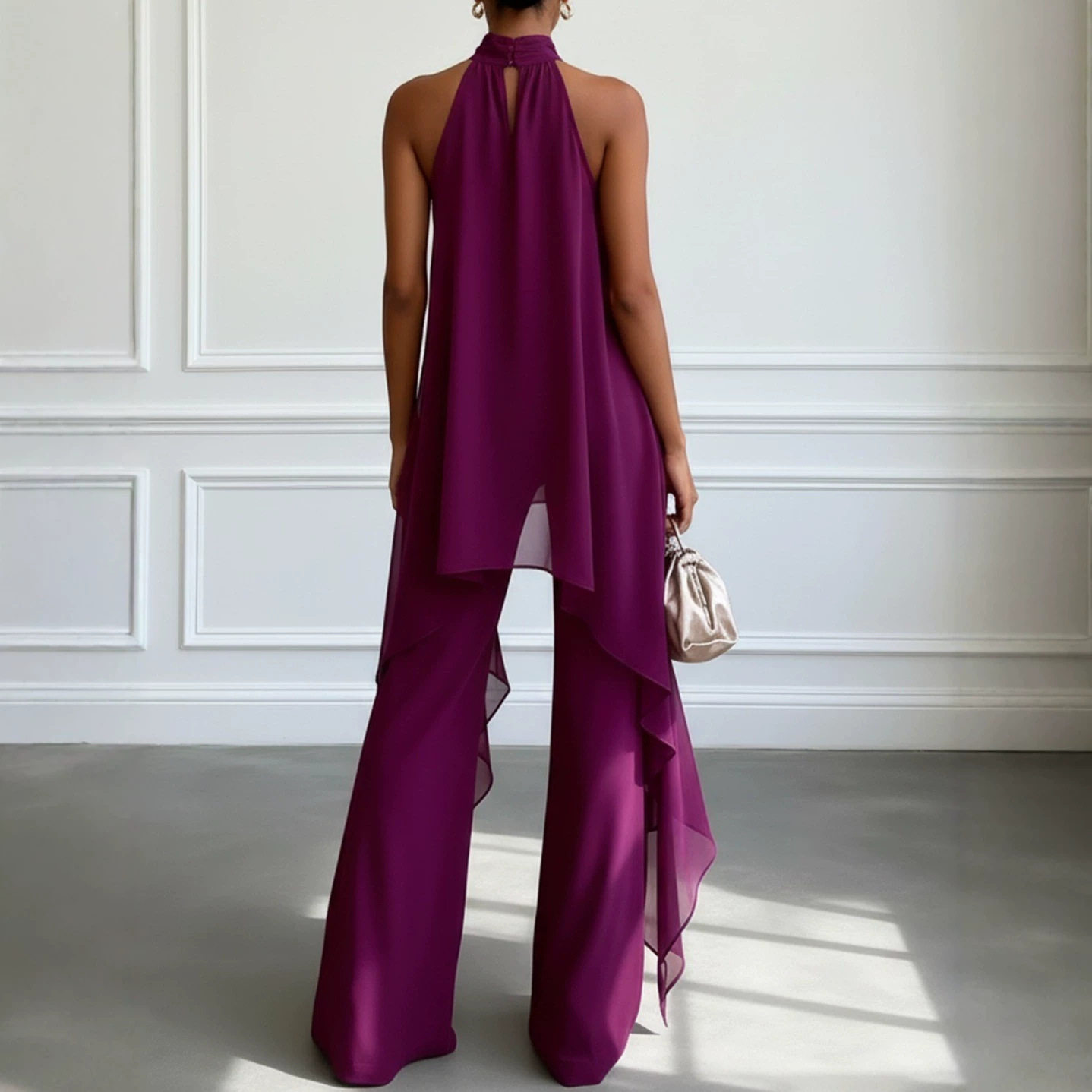 Chiffon Two Piece Set Sleeveless Halter Neck Solid Color Spring Summer Fashion for Women Wholesale Available