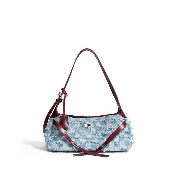 Túi Đeo Vai/Kẹp Nách Nữ Da Bò Phối Vải Denim, Tote Lớn Đựng Vừa A4 Màu Xanh Dương, Đỏ