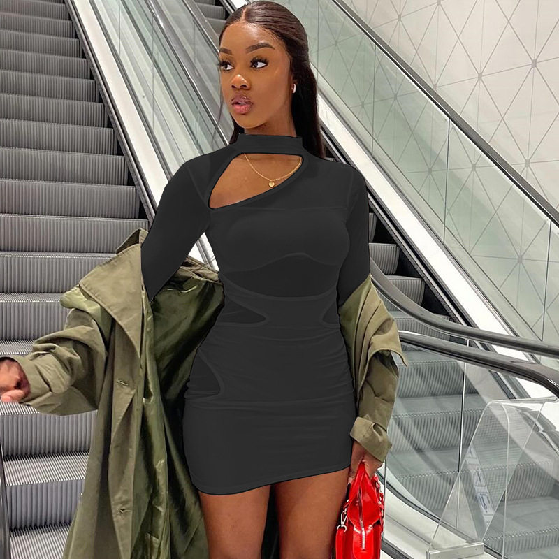 Elegant Womens Bodycon Dress Solid Color Hollow Out Mesh Paneling Perfect for Parties and Events Wholesale