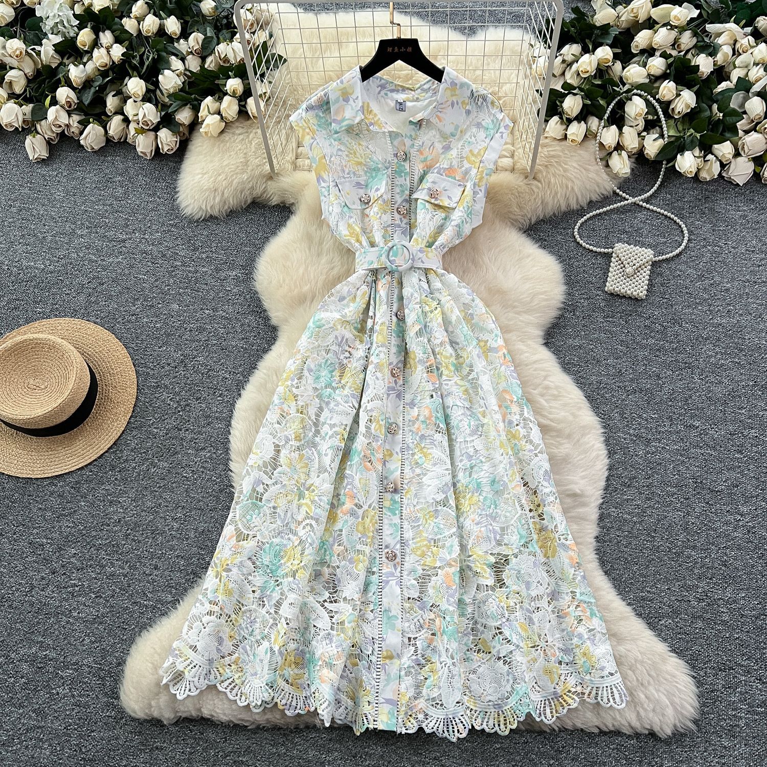 Lace Maxi Dress for Women Elegant Hollow Out Design Summer Casual Wear Available in Multiple Colors and Sizes