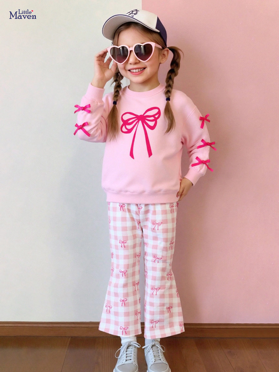 Girls' Autumn Cute Bow Plaid Set, Style Kids' Outfit