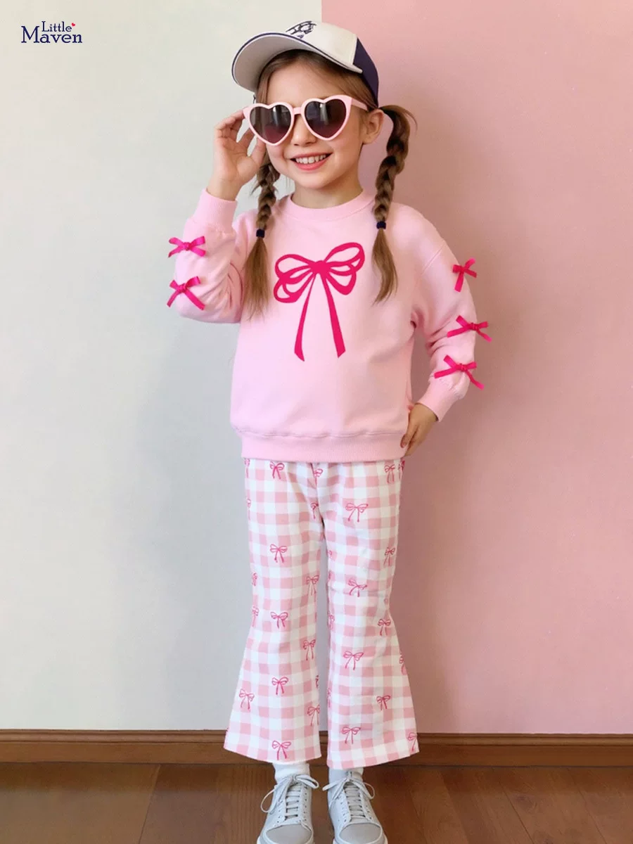 Girls' Autumn Cute Bow Plaid Set, Style Kids' Outfit