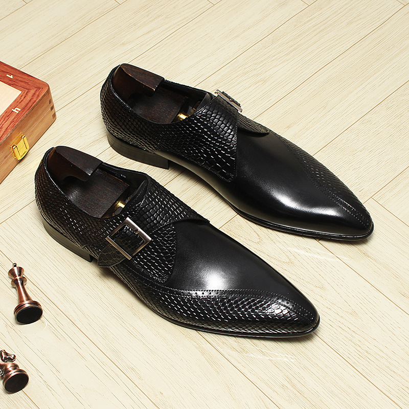 Giày da nam mũi nhọn khóa cài kiểu monk strap thanh lịch — Màu đen, Màu nâu đỏ