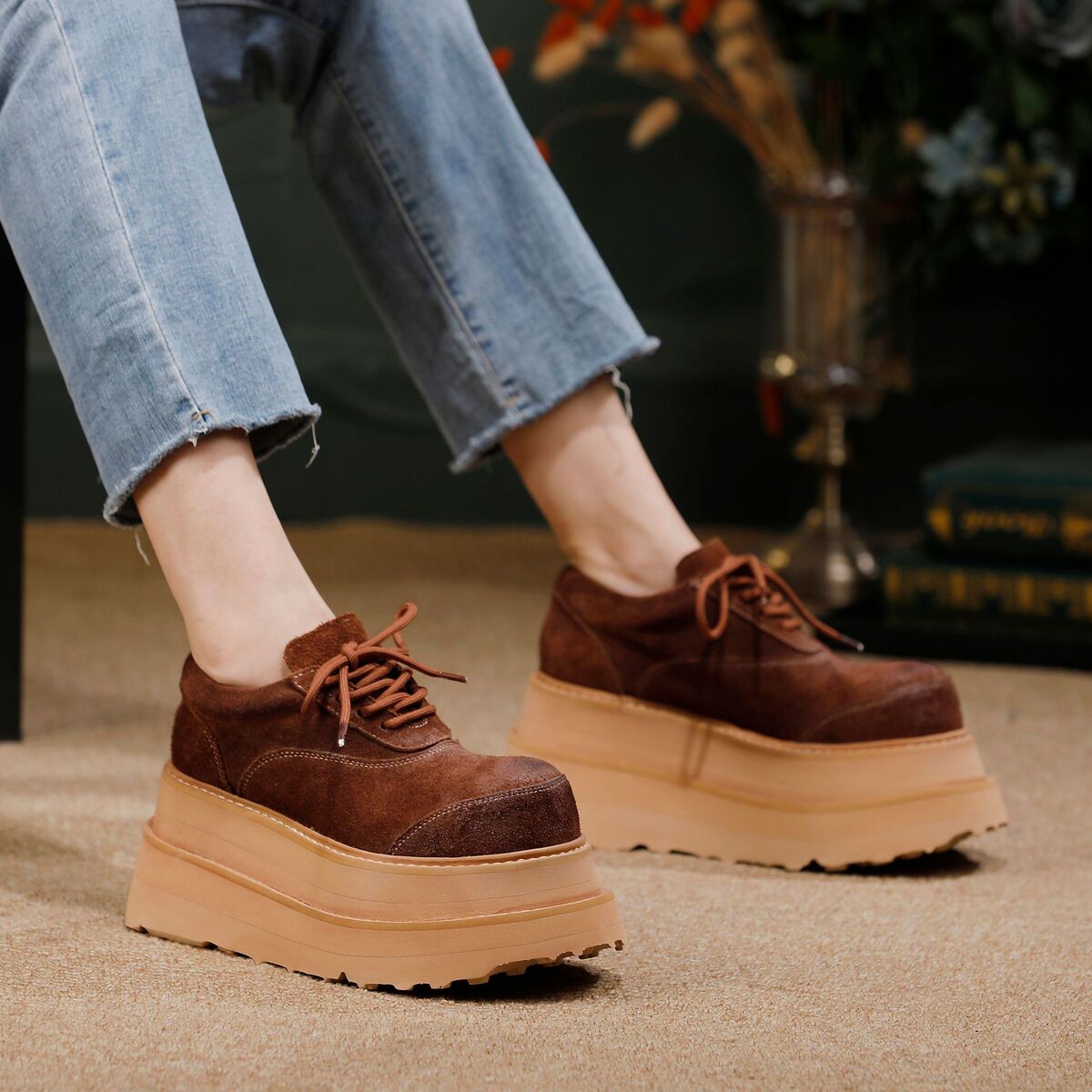 Giày nữ da bò thật dây buộc đế dày tăng chiều cao êm chân — Màu cà phê, Màu kaki