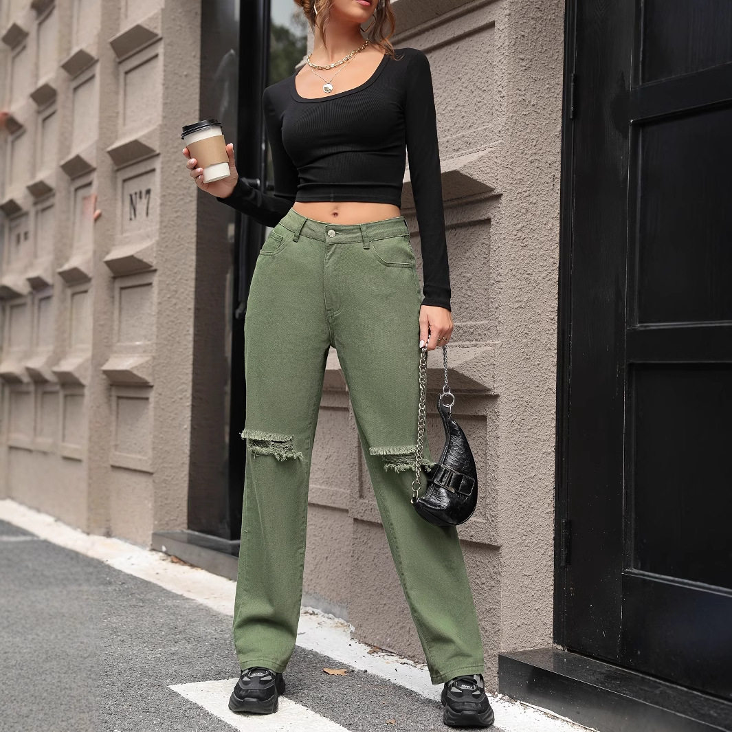Womens Distressed Wide Leg Straight Jeans Casual Style European and American Fashion Perfect for Everyday Wear