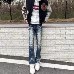 Alternative Men's Washed Faded Jeans Snowflake Blue Slim Fit Trendy Brand Youth Stretch Pants Motorcycle Style Men's Trendy Pants Autumn