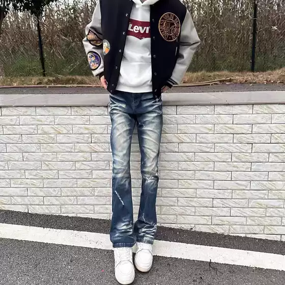 Alternative Men's Washed Faded Jeans Snowflake Blue Slim Fit Trendy Brand Youth Stretch Pants Motorcycle Style Men's Trendy Pants Autumn