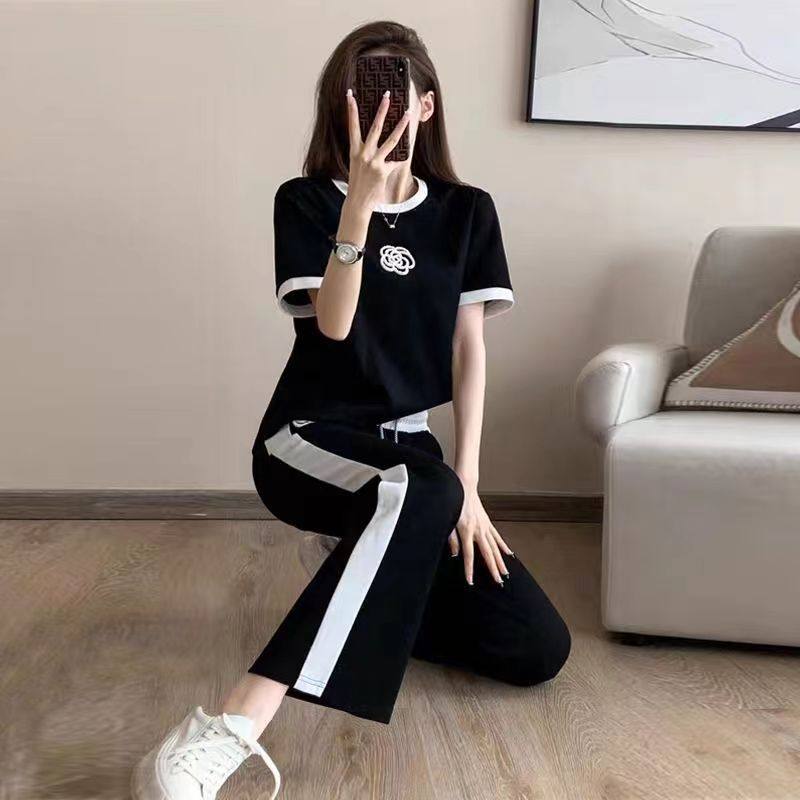 High-end Casual Sports suit Women's Summer Fashionable Age-reducing Western-style Short-sleeved T-shirt Wide-leg Pants Fashionable Two-piece Set