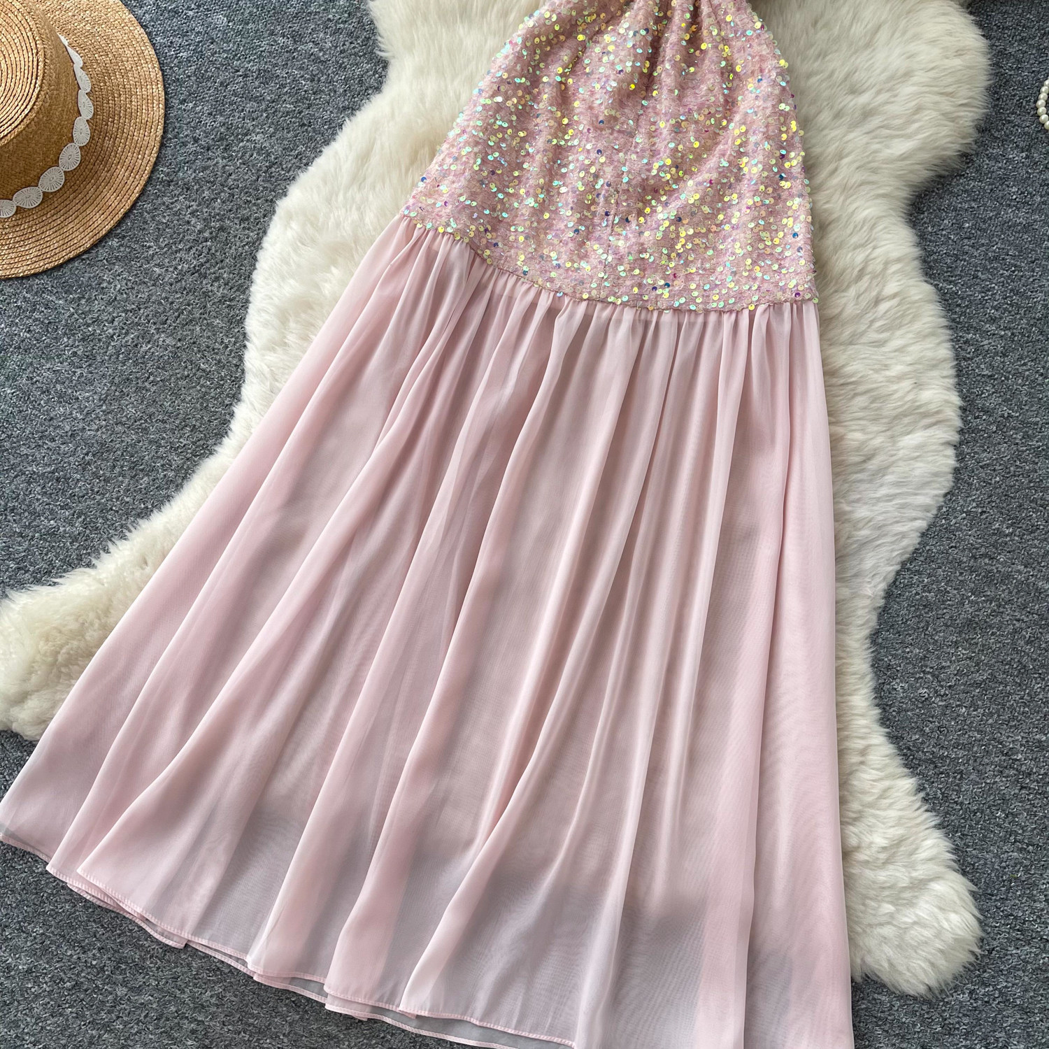 French Style Sequin Halter Neck A Line Dress Waist Defined Mesh Panel Elegant Design Evening Gown for Special