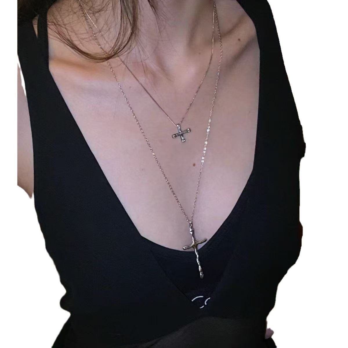 New Silver Plated S925 Vintage American Style Stacked Cross Necklace Ins Niche Design Necklace Necklace Cross