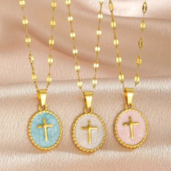 Cross-Border Popular Item for National Day and Mid-Autumn Festival Travel, Easy to Carry, Lightweight, Oil-Dropping Round Cross Stainless Steel Pendant Necklace