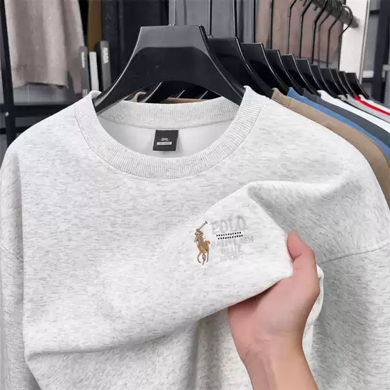 Cross-Border 420g Round Neck Long-Sleeved T-Shirt for Men 2025 Autum Velvet Thickeneded Pure Color Pony Logo Casual Men's Sweatshirt