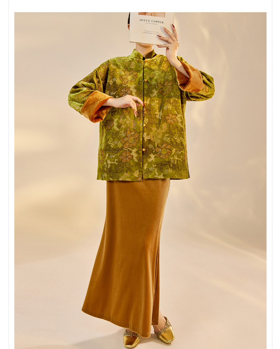 Áo phao nữ cổ cao thêu họa tiết hoa dáng suông — Xanh cỏ [phiên bản cotton]