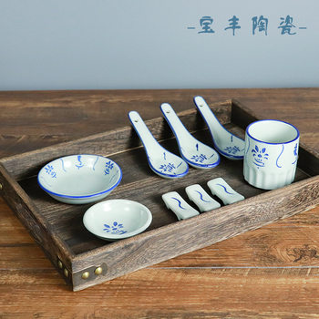 Retro Ceramic Tableware Celadon Soup Spoon Sauce Dish Chopstick Holder Half-Pattern Cup Accessories Thickened and Wear-Resistant