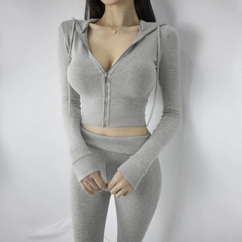 South Korea's Dongdaemun Slim Fit Sexy Body Shaping Sports Suit Women's Hooded Zipper Short Jacket + Flared Pants