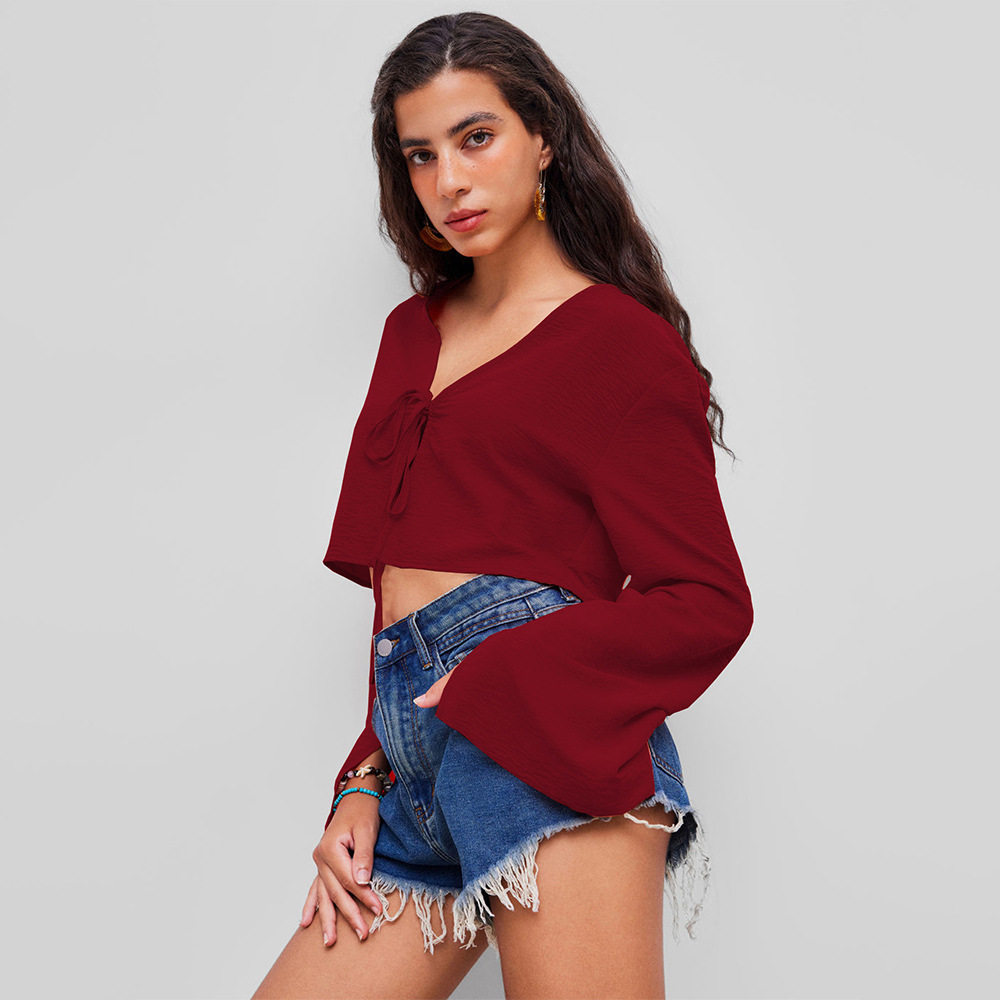 V Neck Tie Front T Shirt Sexy Design Burgundy Color Lightweight Fabric Spring Summer Casual Wear Wholesale Available