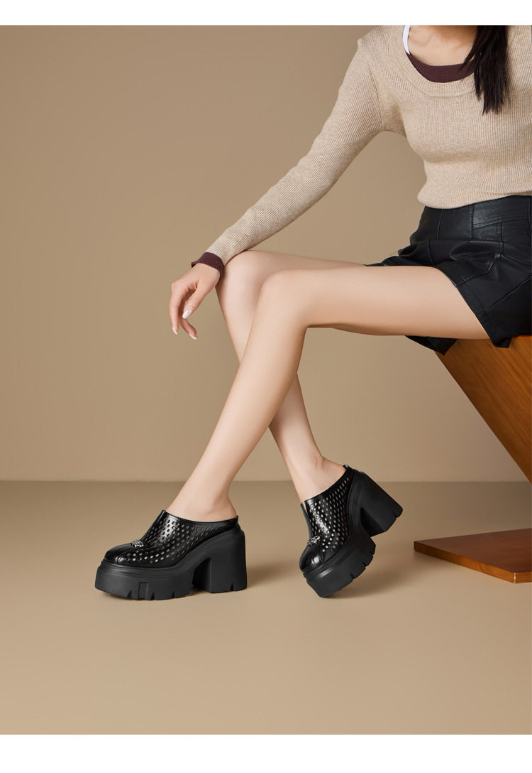 Dép cao gót nữ đế xuồng platform mũi kín hở gót 12 cm — [Trắng kem], [Đen] chi tiết 5