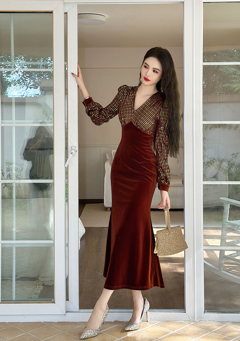Đầm dài nhung phối sequin cổ chữ V dáng đuôi cá nữ — Xanh đá quý, Màu đen, Đỏ gỉ sắt