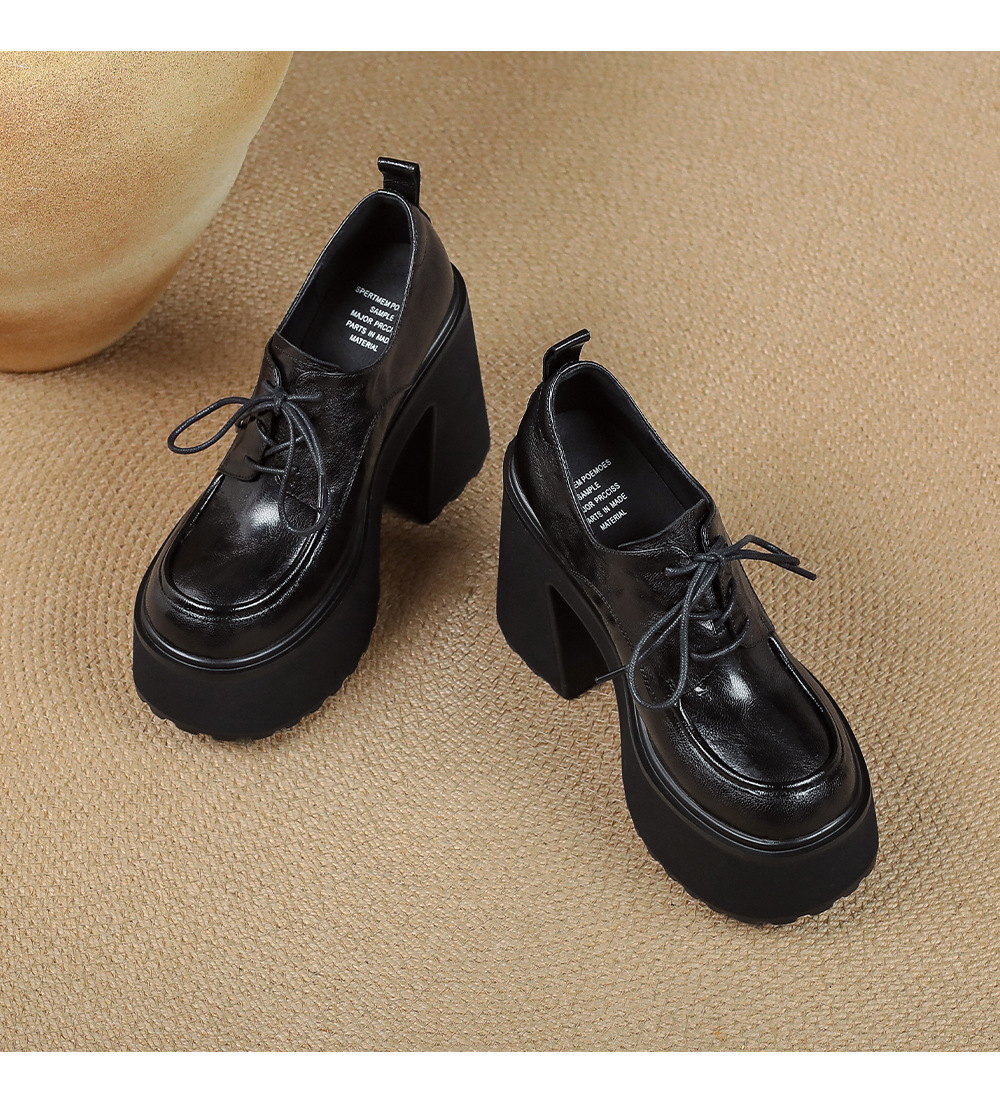 Giày lười nữ da cừu thắt dây gót cao 12cm đế xuồng — màu đen, màu nâu