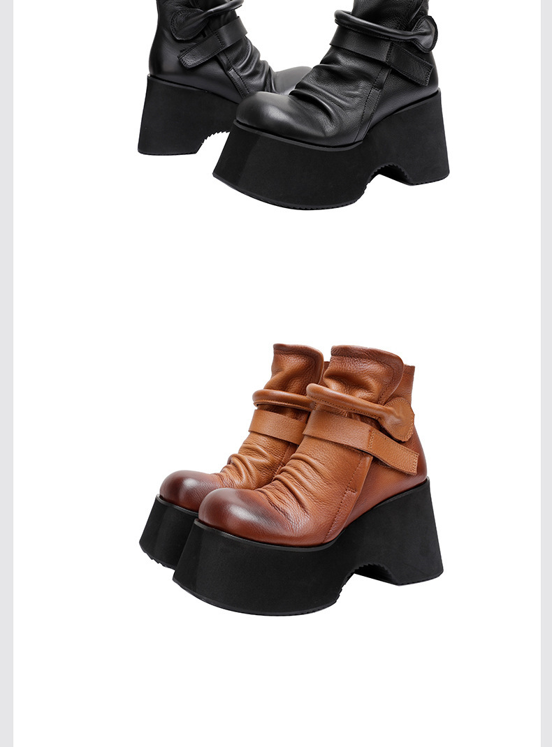 Boot nữ da thật đế dày 10cm gót xuôi mũi tròn dán quai — Màu đen, Màu đen lót nhung, Màu nâu, Màu nâu lót nhung