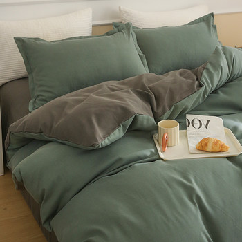 Solid color washed cotton four-piece thickened brushed bedding bed sheet quilt cover student dormitory three-piece single bed