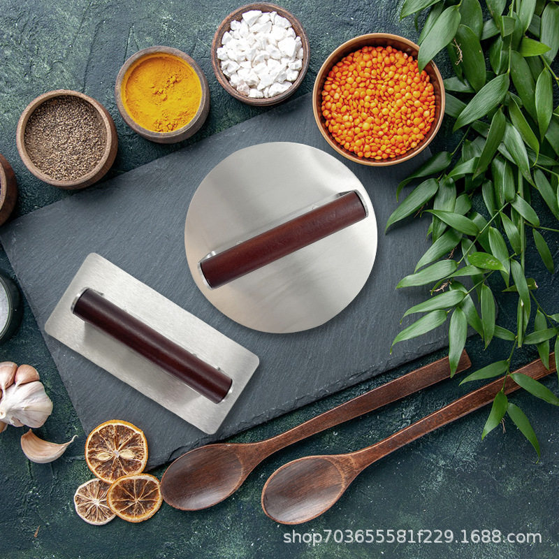 New Stainless Steel Hamburger Meat Press Thickeneded and Weighted Beech Handle Round Square Meat Patty Tool Dough Press