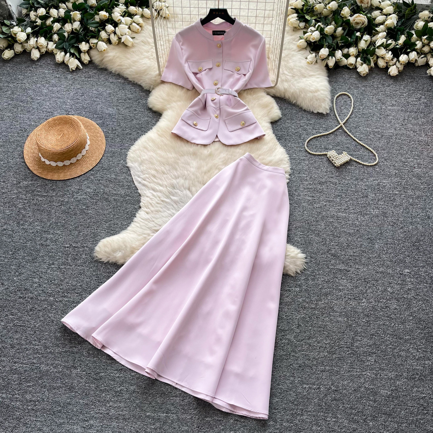 Chic Commuter Style Pink Short Sleeve Top and High Waist Midi Skirt Set Slim Fit Summer Fashion Womens Outfit