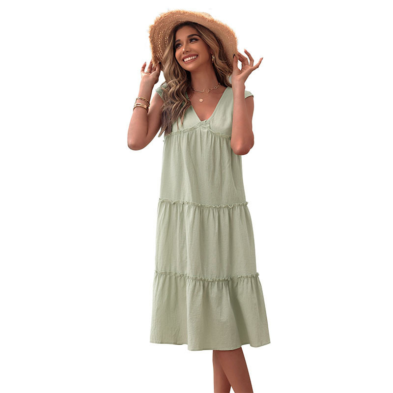 Sleeveless V Neck Cotton Linen Dress Solid Color Summer Style Casual Wear Wholesale Available