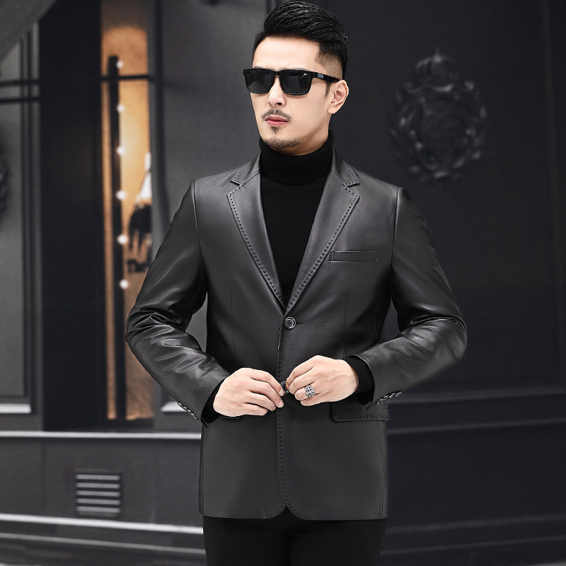 Áo khoác da cừu nam dáng vest cổ áo vest phong cách công sở — Màu đen