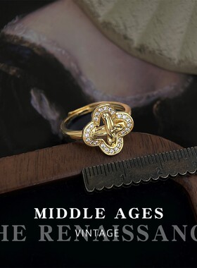 vintage中古风镀18k真金保色纽扣锆石戒指开口可调节级感食指戒